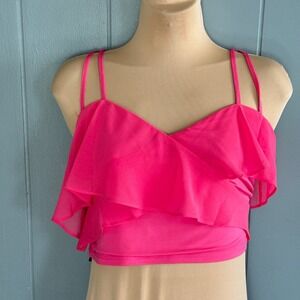 Bebe Hot Pink Ruffle Crop Top Womens M Strappy Cami Coquette Girl Going Out Top